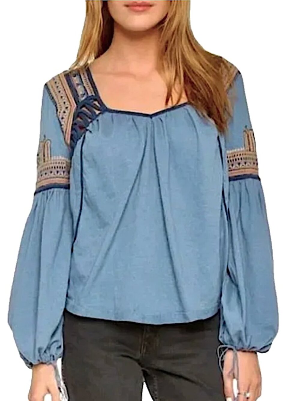 FREE PEOPLE Snow Kisses Embroidered Balloon Sleeve Boho Peasant Top